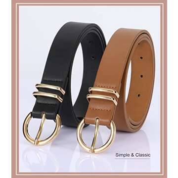 VONMELLI 2 Pack Leather Belts for Women - Black & Brown with Elegant Gold Buckle