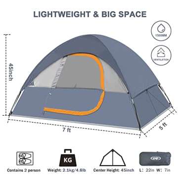 Camping Tent 2 Person, Waterproof Windproof Tent with Rainfly Easy Set up-Portable Dome Tents for Camping