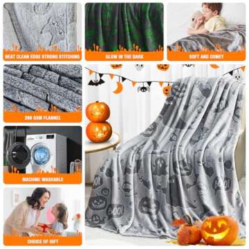 KAKWACO Halloween Blanket for Kids, Glow in The Dark Cute Pumpkin Ghost Bat Witchy Halloween Throw Blanket, Halloween Decorations Gifts for Girls Boys 60"×50" - Grey