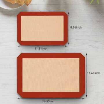 Silicone Baking Mat, 3 Pack Reusable Baking Mat, Non-Stick, Food Safe Silicone Mats for Baking, Oven Baking Sheet for Making Cookies, Macaroons, Bread（Red 0.4mm）