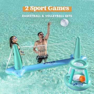 JOYIN Inflatable Pool Float Set Volleyball Net & Basketball Hoops, Floating Swimming Game Toy for Kids and Adults, Summer Floaties, Volleyball Court (105”x28”x35”)|Basketball (27”x23”x27”),L-Blue