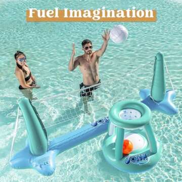 JOYIN Inflatable Pool Float Set Volleyball Net & Basketball Hoops, Floating Swimming Game Toy for Kids and Adults, Summer Floaties, Volleyball Court (105”x28”x35”)|Basketball (27”x23”x27”),L-Blue