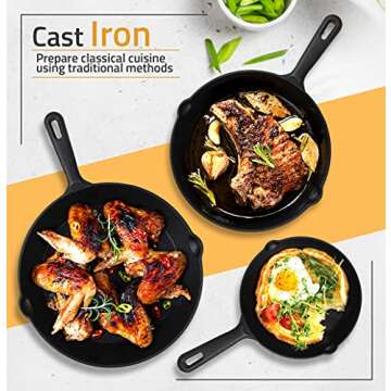 Utopia Kitchen Saute Fry Pan - Pre-Seasoned Cast Iron Skillet Set 3-Piece - Frying Pan - 6 Inch, 8 Inch and 10 Inch Cast Iron Set (Black)