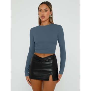 Trendy Queen Womens Long Sleeve Shirts Basic Crop Tops Tight Slim Fit Cute Teen Girls Fall Winter Y2k Clothes Haze Blue M