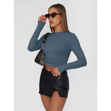 Trendy Queen Womens Long Sleeve Shirts Basic Crop Tops Tight Slim Fit Cute Teen Girls Fall Winter Y2k Clothes Haze Blue M