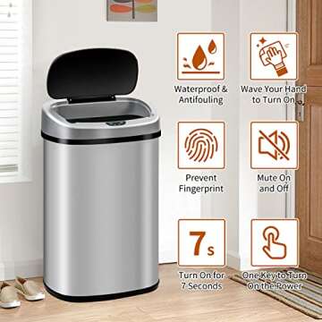 BLKMTY 13-Gallon Kitchen Trash Can 50l Stainless Steel Garbage Can Automatic Touch Free Garbage Bin Motion Sensor Trash Can with Lid Metal Waste Bin for Office Tall Trash Bin Touchless, Silver