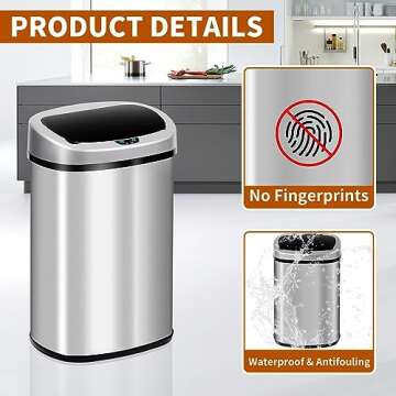 BLKMTY 13-Gallon Kitchen Trash Can 50l Stainless Steel Garbage Can Automatic Touch Free Garbage Bin Motion Sensor Trash Can with Lid Metal Waste Bin for Office Tall Trash Bin Touchless, Silver