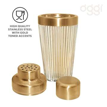 OGGI Vintage Ribbed Glass Cocktail Shaker- 16oz, Gold Stainless Steel Top; Ideal Martini Shaker, Drink Shaker, Bartender Shaker; Make Great Bar Gifts, Cocktail Accessories and Bar Cart Accessories