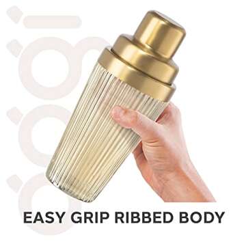 OGGI Vintage Ribbed Glass Cocktail Shaker- 16oz, Gold Stainless Steel Top; Ideal Martini Shaker, Drink Shaker, Bartender Shaker; Make Great Bar Gifts, Cocktail Accessories and Bar Cart Accessories