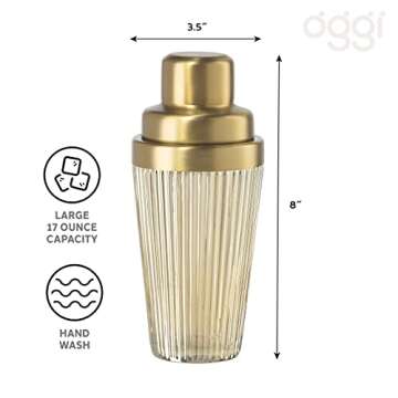 OGGI Vintage Ribbed Glass Cocktail Shaker- 16oz, Gold Stainless Steel Top; Ideal Martini Shaker, Drink Shaker, Bartender Shaker; Make Great Bar Gifts, Cocktail Accessories and Bar Cart Accessories