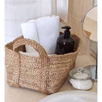 GooBloo Handmade Woven Basket 100% Jute - 10” x 7” - Set of 2- Storage Basket for Living Room, Toys, Storage, Towels or Nursery - Wicker Baskets with Handles - Handmade Natural Bathroom Hampers