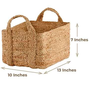 GooBloo Handmade Woven Basket 100% Jute - 10” x 7” - Set of 2- Storage Basket for Living Room, Toys, Storage, Towels or Nursery - Wicker Baskets with Handles - Handmade Natural Bathroom Hampers