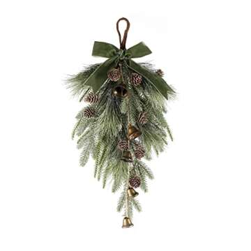 LampLust Christmas Swag for Front Door, 18 Inch Pine Swag with Bells, Mini Pinecones & Ribbon, Teardrop Christmas Swags for Decorating, Farmhouse Holiday Winter Decorations, Porch Window Wall Decor