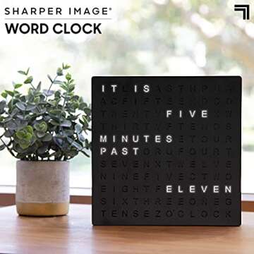 Sharper Image® LED Light-Up Word Clock, 7.75" Modern Design, Electronic Accent Wall or Desk Clock, USB Cord & Power Adapter, Unique Contemporary Home & Office Decor, Easy Setup, Housewarming Gift