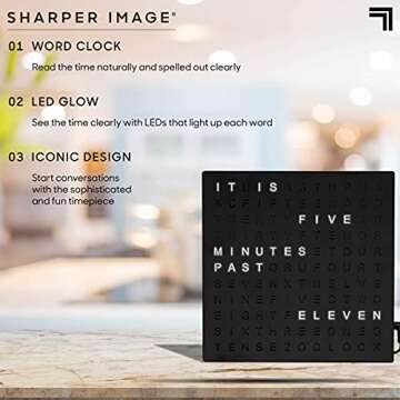 Sharper Image® LED Light-Up Word Clock, 7.75" Modern Design, Electronic Accent Wall or Desk Clock, USB Cord & Power Adapter, Unique Contemporary Home & Office Decor, Easy Setup, Housewarming Gift