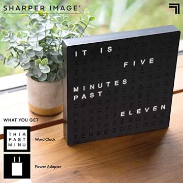 Sharper Image® LED Light-Up Word Clock, 7.75" Modern Design, Electronic Accent Wall or Desk Clock, USB Cord & Power Adapter, Unique Contemporary Home & Office Decor, Easy Setup, Housewarming Gift