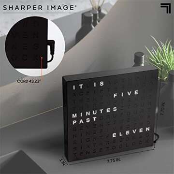 Sharper Image® LED Light-Up Word Clock, 7.75" Modern Design, Electronic Accent Wall or Desk Clock, USB Cord & Power Adapter, Unique Contemporary Home & Office Decor, Easy Setup, Housewarming Gift