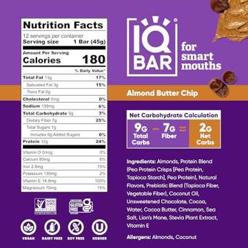 IQBAR Brain and Body Plant Protein Bars - Almond Butter Chip - 12 Count, Low Carb, High Fiber, Gluten Free, Vegan Snacks - Low Sugar Keto Energy Bars