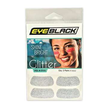 EyeBlack Under Eye Colorful Glitter Strips | Football, Baseball, Softball, Soccer | Great for Adults and Kids | Tailgating Fans, Sporting Events, Cheering Fans - 2 Pairs / 4 Strips - Silver