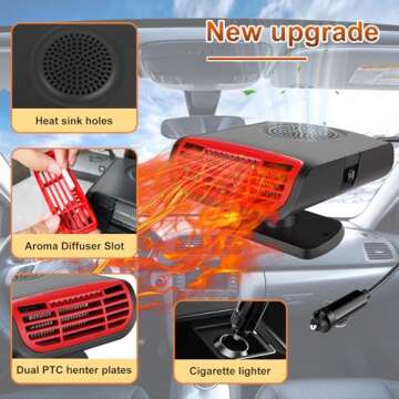 LARDERGO 12V 150W Car Heater & Cooling Fan - Rapid Windscreen Defogger & Window Defroster for Winter & Humid Weather - Safe & Portable with Cigarette Lighter Plug-In for All Cars - Black/Red