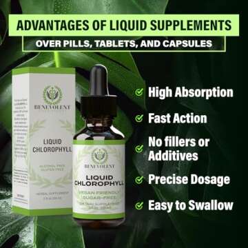 Benevolent Chlorophyll Liquid Drops – Organic Detox & Immune Support, Internal Deodorizer & Skin Health Supplement, Non-GMO, 4 Month Supply, Natural Mint Flavor