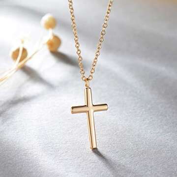 Fettero Cross Necklace Gold Faith Pendant 14K Gold Plated Dainty Chain Minimalist Simple Tiny God Lords Prayer Religious Jewelry