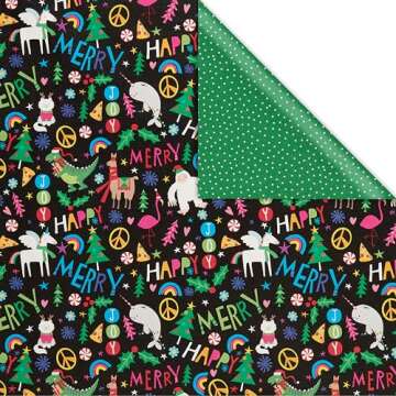 American Greetings 175 sq. ft. Reversible Black Christmas Wrapping Paper For Kids, Dinosaurs, Yetis and Unicorns (1 Jumbo Roll 30 in. x 70 ft.)