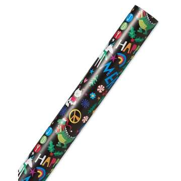 American Greetings 175 sq. ft. Reversible Black Christmas Wrapping Paper For Kids, Dinosaurs, Yetis and Unicorns (1 Jumbo Roll 30 in. x 70 ft.)