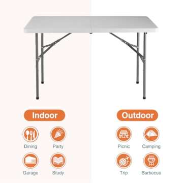 Sweetcrispy 4ft Plastic Folding Table Outdoor Indoor Heavy Duty Portable Table with Carrying Handle for Camping Picnic Party