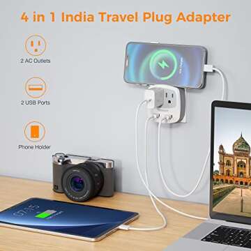 TESSAN US to India Plug Adapter, Type D Travel Adaptor with 2 USB Charger Ports 2 American Outlets, USA to Indian Power Converter for Nepal Bangladesh Maldives Pakistan Tanzania Sri Lanka