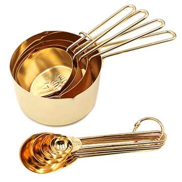 Homestia Gold Measuring Spoons and Cups Set, Stainless Steel, Kitchen Gadgets for Cooking and Baking, Measurements for Dry & Liquid Ingredients, Gold Kitchen Accessories, Mental Measuring Cups