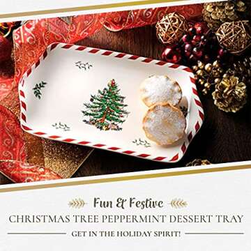 Spode Christmas Tree Peppermint Dessert Tray (12" x 7.25") - Festive Porcelain Serving Tray for Appetizers, Charcuterie, Snacks, Desserts - Holiday Dessert Tableware