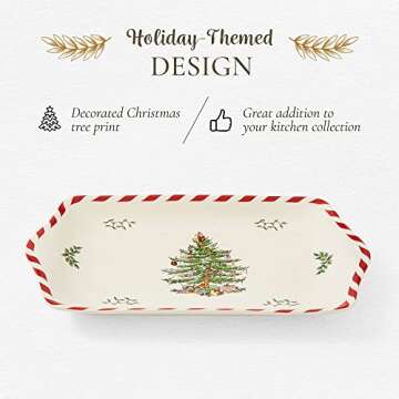 Spode Christmas Tree Peppermint Dessert Tray (12" x 7.25") - Festive Porcelain Serving Tray for Appetizers, Charcuterie, Snacks, Desserts - Holiday Dessert Tableware