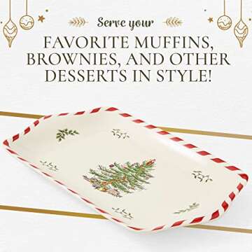 Spode Christmas Tree Peppermint Dessert Tray (12" x 7.25") - Festive Porcelain Serving Tray for Appetizers, Charcuterie, Snacks, Desserts - Holiday Dessert Tableware