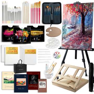 Large Deluxe Artist Painting Set, 139-Piece Professional Art Paint Supplies Kit w/Aluminum Field & Wood Table Easel for Adults, Acrylic, Oil & Watercolor Paints, Brushes, Canvases, Sketch Pads & More