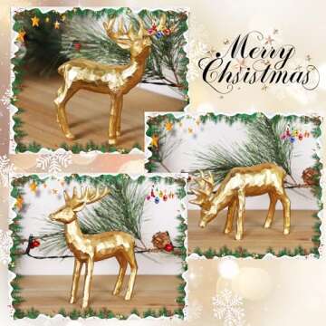 Lulu Home 3 PCS Christmas Tabletop Decorations, Resin Golden Reindeer Family Figurines with Diverse Postures, Xmas Holiday Winter Centerpieces Ornaments for Mantel Shelf Sill Home Office Decor