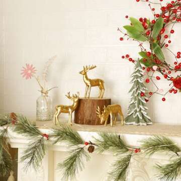 Lulu Home 3 PCS Christmas Tabletop Decorations, Resin Golden Reindeer Family Figurines with Diverse Postures, Xmas Holiday Winter Centerpieces Ornaments for Mantel Shelf Sill Home Office Decor