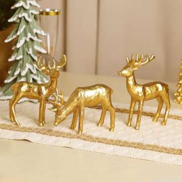 Lulu Home 3 PCS Christmas Tabletop Decorations, Resin Golden Reindeer Family Figurines with Diverse Postures, Xmas Holiday Winter Centerpieces Ornaments for Mantel Shelf Sill Home Office Decor