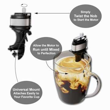 The Motor Mixer by HMC - Novelty Boat Motor Coffee Mixer Wind-Up Outboard Mini Boat Motor Stirrer Toy Beverage Works with Cups, Mugs, & Glasses - Unique Drink Mixing Gadget