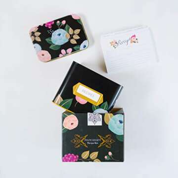 Polite Society Recipe Cards and Box Set - 24 4x6 Recipe Cards - Sturdy Tin Box - Sleek Black with Gold Finish and Floral Print - Store and Protect your Favorite Recipes