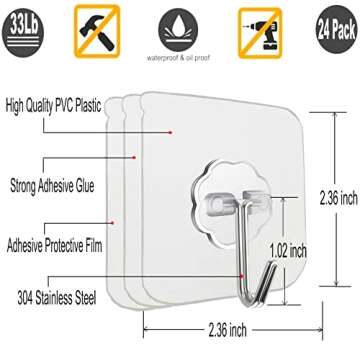 Jwxstore 24 Pack Wall Hooks for Hanging 33lb(Max) Heavy Duty Self Adhesive Hooks Transparent Waterproof Sticky Hooks for Keys Bathroom Shower Outdoor Kitchen Door Home Improvement Utility Hooks