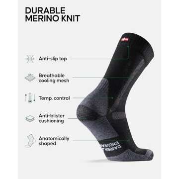 DANISH ENDURANCE Hiking Socks, Winter Socks, Merino Wool Socks, Anti Blister, Cushioned, Crew Socks for Men & Women, 3-Pack, Black/Grey, Large