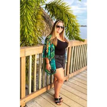 Womens Flowy Kimono Plam Leaf Patterns Cover ups Beachwear Summer Tops（Blackgreen,S