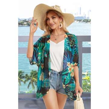 Womens Flowy Kimono Plam Leaf Patterns Cover ups Beachwear Summer Tops（Blackgreen,S