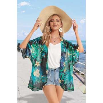 Womens Flowy Kimono Plam Leaf Patterns Cover ups Beachwear Summer Tops（Blackgreen,S