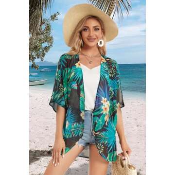 Womens Flowy Kimono Plam Leaf Patterns Cover ups Beachwear Summer Tops（Blackgreen,S