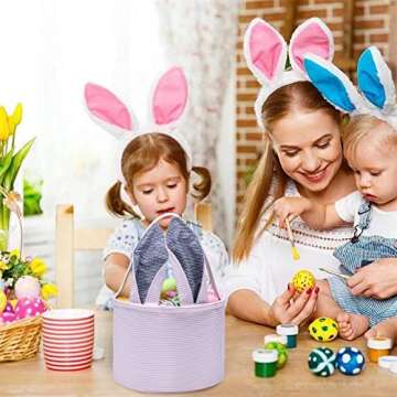 Leziazany Easter Basket Seersucker Egg Hunt Bunny Baskets for Kids with Cute Rabbit Ears Stripe Storage Gifts Candies Personalized Easter Party Gifts.……