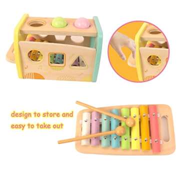 WOODENFUN Hammering Pounding Toys Wooden Educational Toy Xylophone Shape Sorter, Birthday Gift for 1 2 3 Years Boys Girls Baby Toddler Kids Developmental Montessori Learning Toy (Yellow)