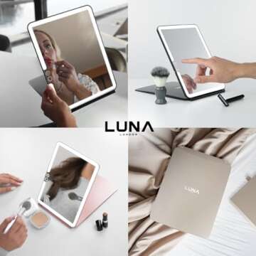 LUNA London Eclipse LED Lighted Travel Vanity Makeup Mirror | 3 Colour Light, Compact, Portable, Lighted, Rechargeable, Illuminated Mirror | Perfect for Travel, Makeup & Beauty Needs | Rose Gold