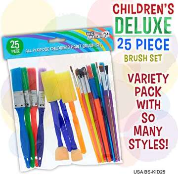 U.S. Art Supply 25-Piece Children's All Purpose Paint Brush Set - Artist Variety Value Pack, 6 Types, Flat, Round, Chip, Mop, Foam Tipped Brushes - Fun Kid's Party, School Student Class Craft Painting